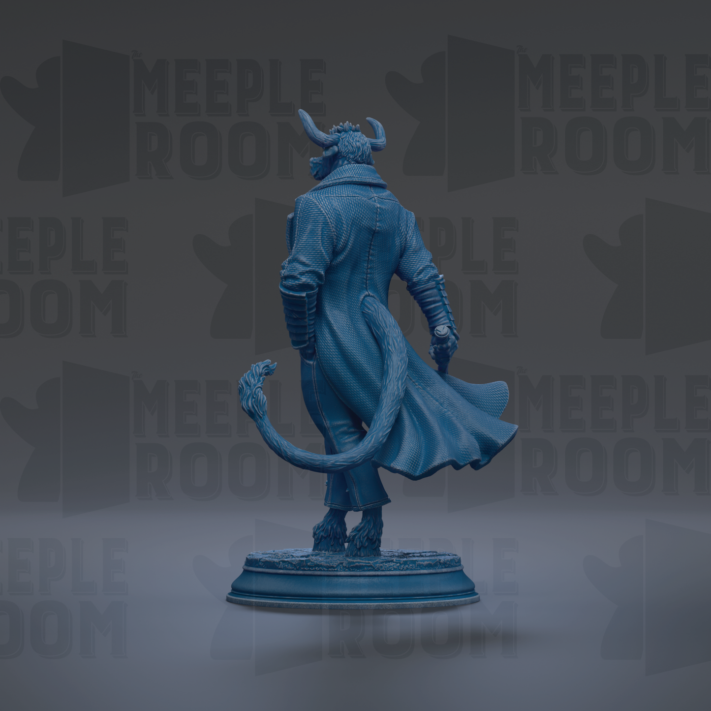 A 3D rendering of a blue statue of a person with horns, standing on a pedestal and facing away from the camera.
