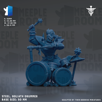 The image is a 3D rendering of a steel, gothic drummer character, with the base size of 50mm.