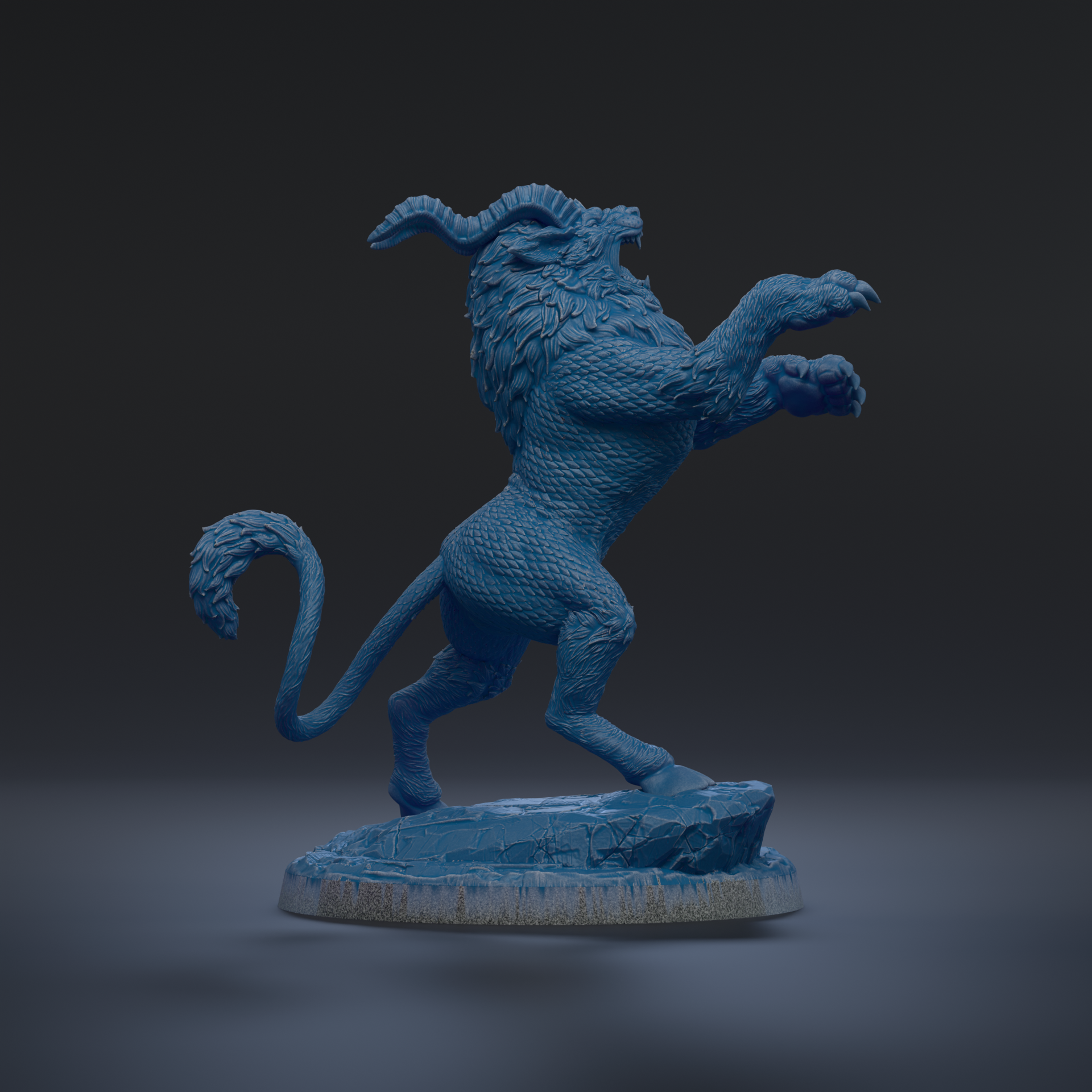 A blue, sculpted statue of a mythical creature with horns and a fierce expression, standing on a rock.