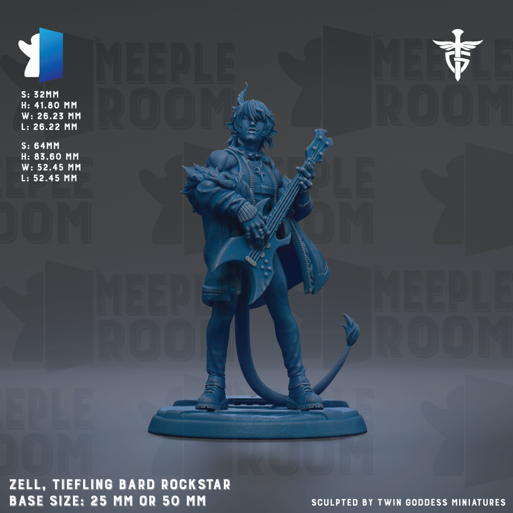 The image is a detailed model of a Tiefling Bard Rockstar character, standing on a base size of 25mm or 50mm. The character is depicted in a dynamic pose, holding a guitar and wearing a distinctive outfit. The background of the image is a dark gray color, with the words "MEIPLE ROOM" repeated across it.