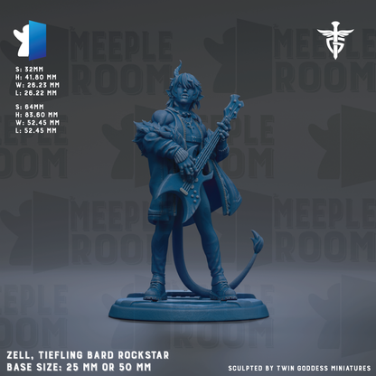 The image is a detailed model of a Tiefling Bard Rockstar character, standing on a base size of 25mm or 50mm. The character is depicted in a dynamic pose, holding a guitar and wearing a distinctive outfit. The background of the image is a dark gray color, with the words "MEIPLE ROOM" repeated across it.