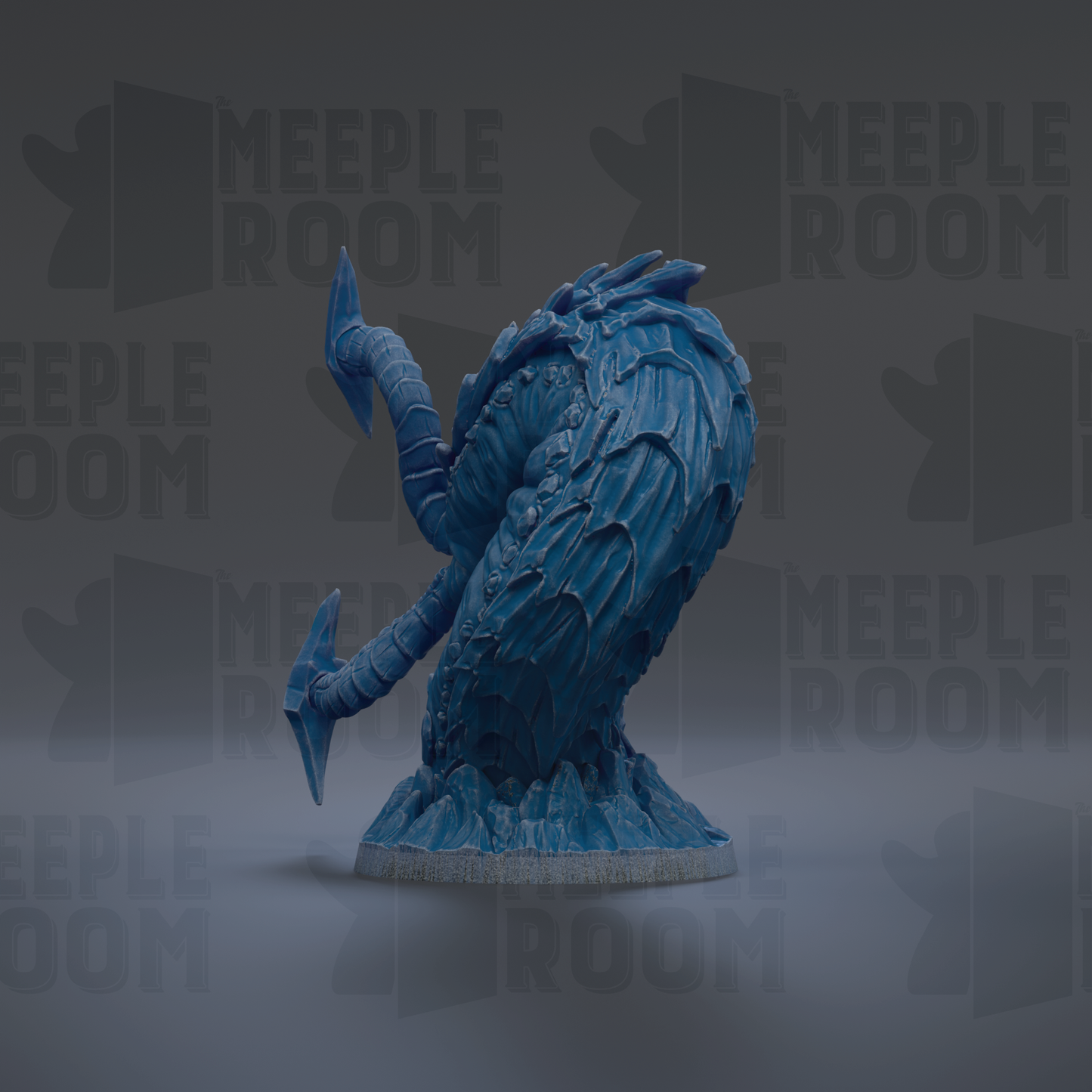A blue, abstract sculpture resembling a snake or alligator is displayed against a dark background with repeated text.