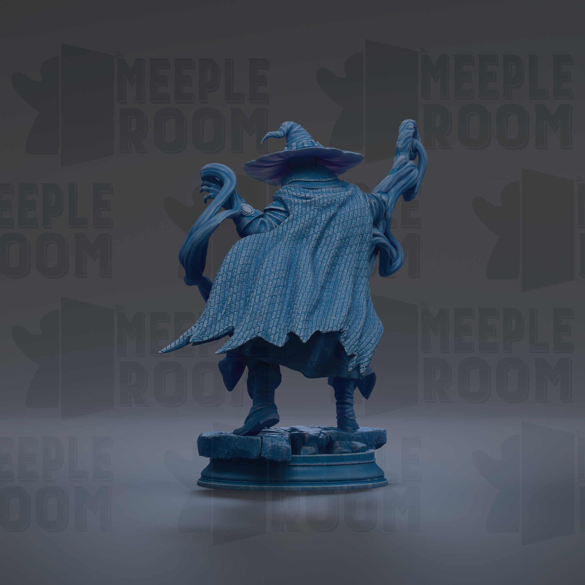 A blue statue of a wizard or magical figure, with a flowing cape and hat, standing on a pedestal against a dark background with repeated text.