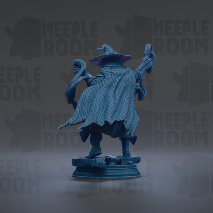 A blue statue of a wizard or magical figure, with a flowing cape and hat, standing on a pedestal against a dark background with repeated text.