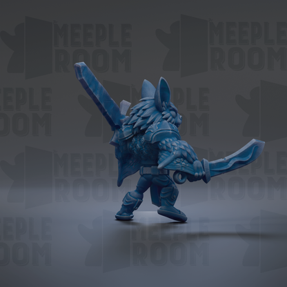 A blue, armored fantasy character wielding a sword and shield stands in the center of the image against a dark background with repeated "MEIPLLE ROOM" text.