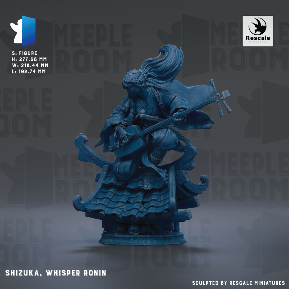 A figurine of a person with long hair and a flowing robe, holding a musical instrument, is shown against a dark background with repeated text.