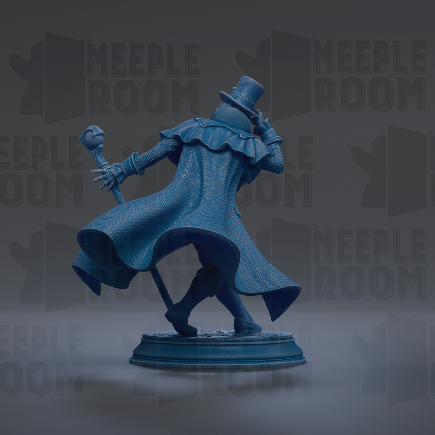 A blue statue of a person wearing a top hat and holding a cane, standing on a pedestal.