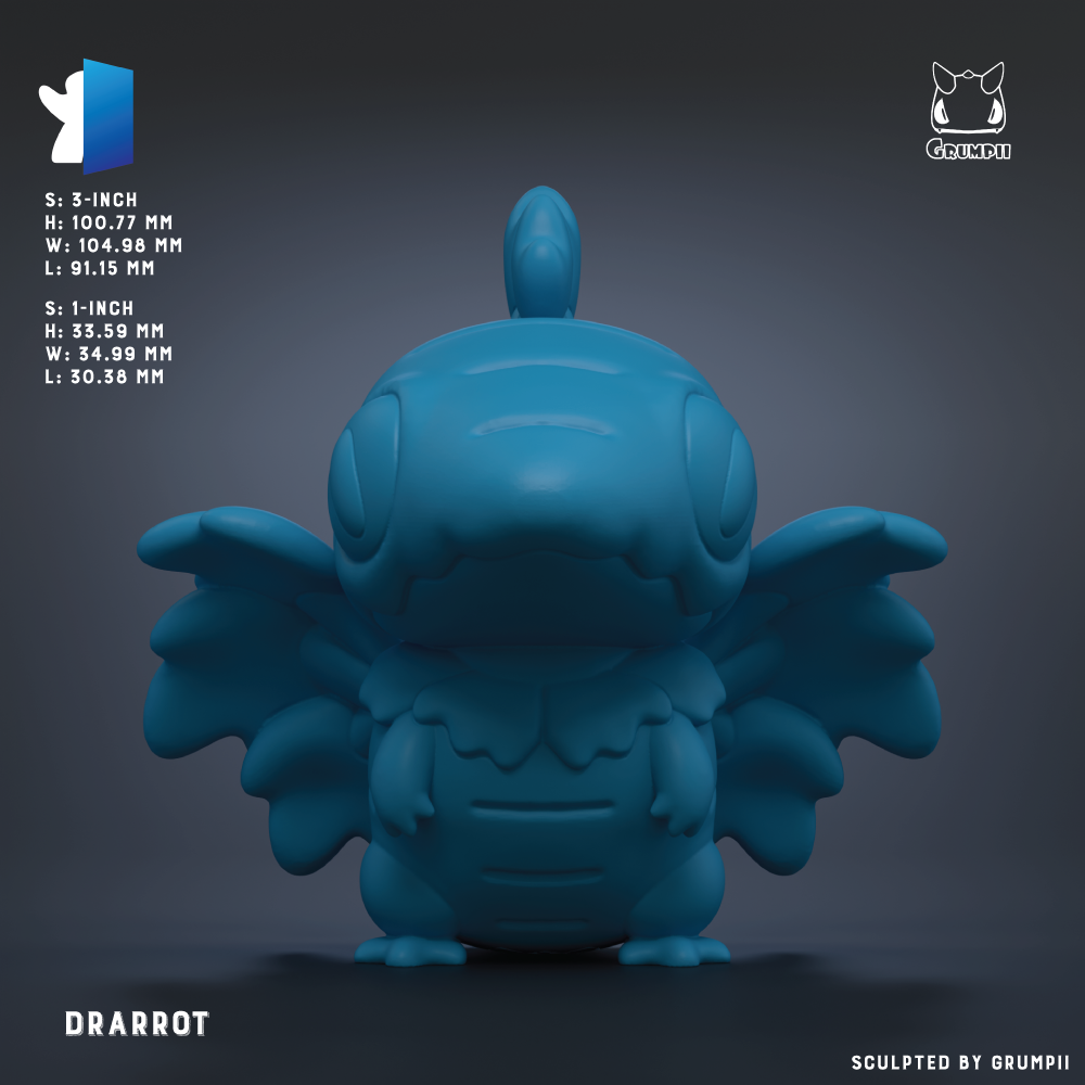 A 3D rendering of a blue, winged creature resembling a dragon or mythical creature.