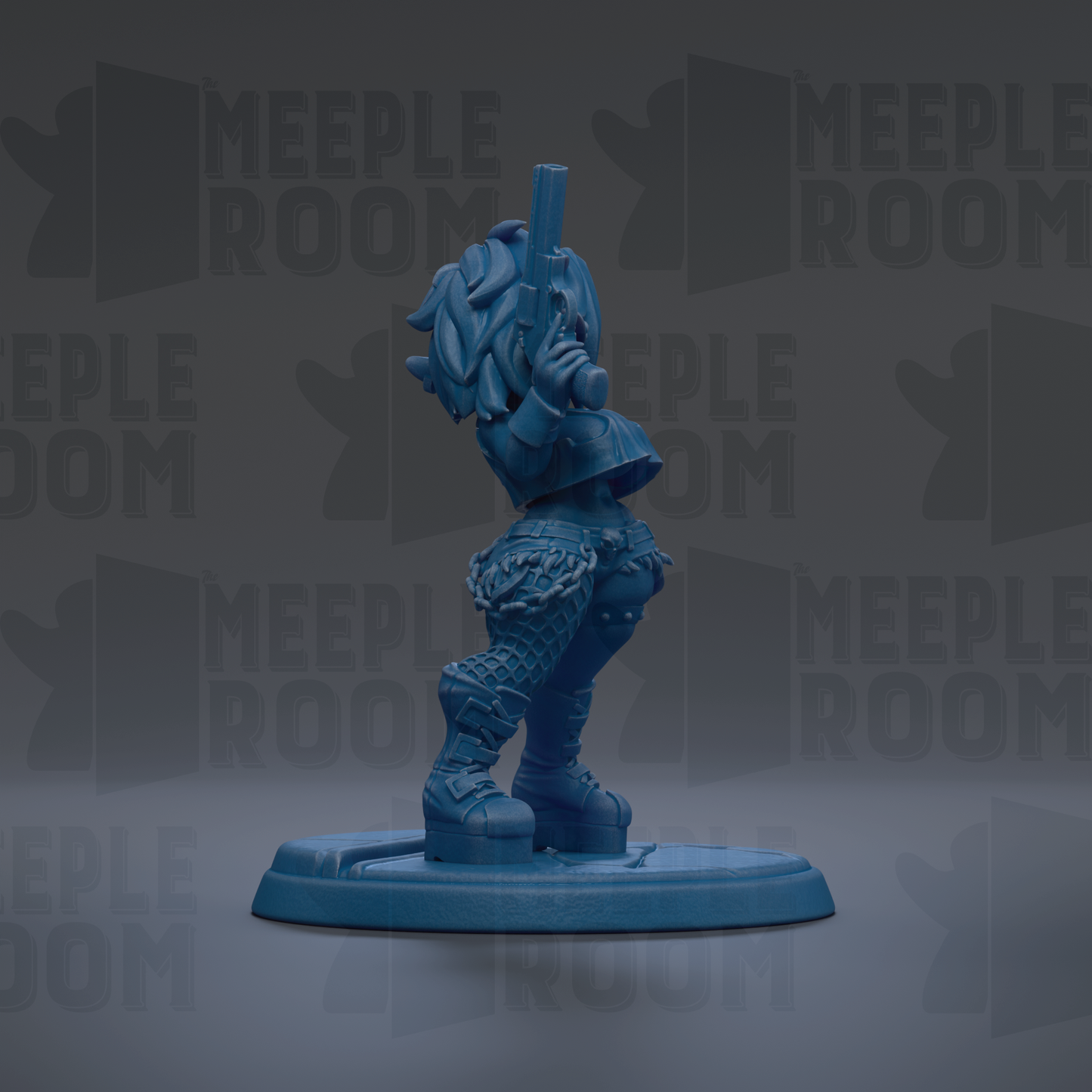 A blue figurine of a character holding a gun, standing on a platform against a dark background with repeated text.