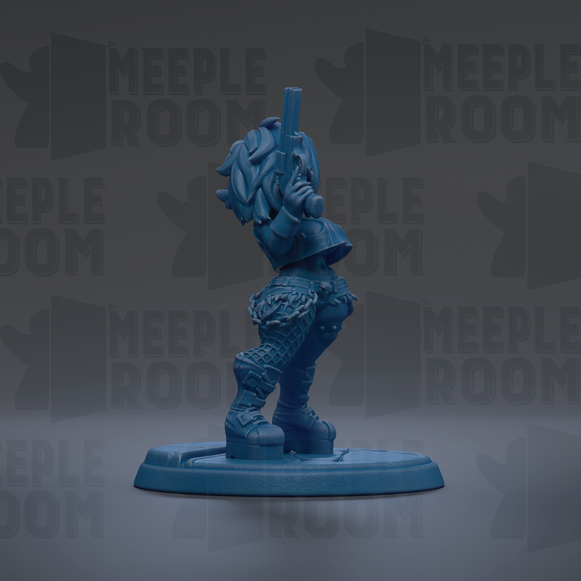 A blue figurine of a character holding a gun, standing on a platform against a dark background with repeated text.