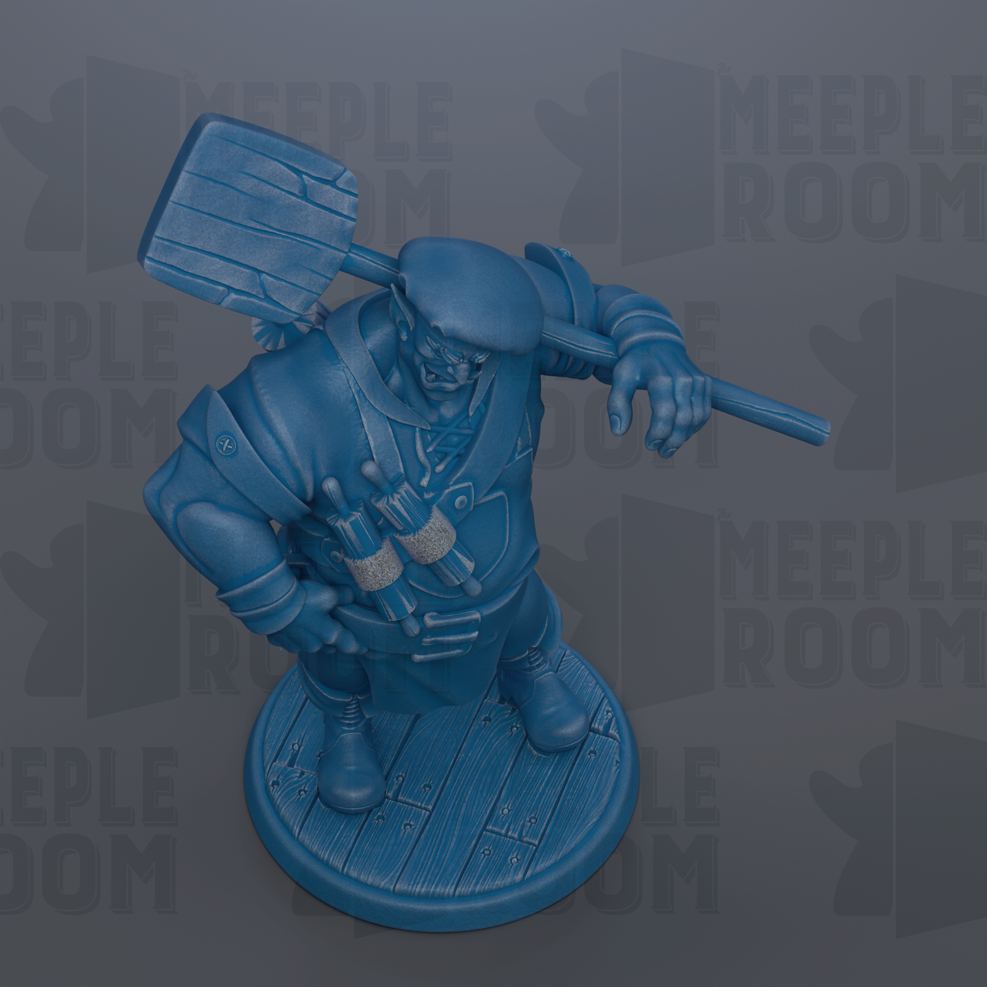 A blue figurine of a person holding a paddle and standing on a wooden base.