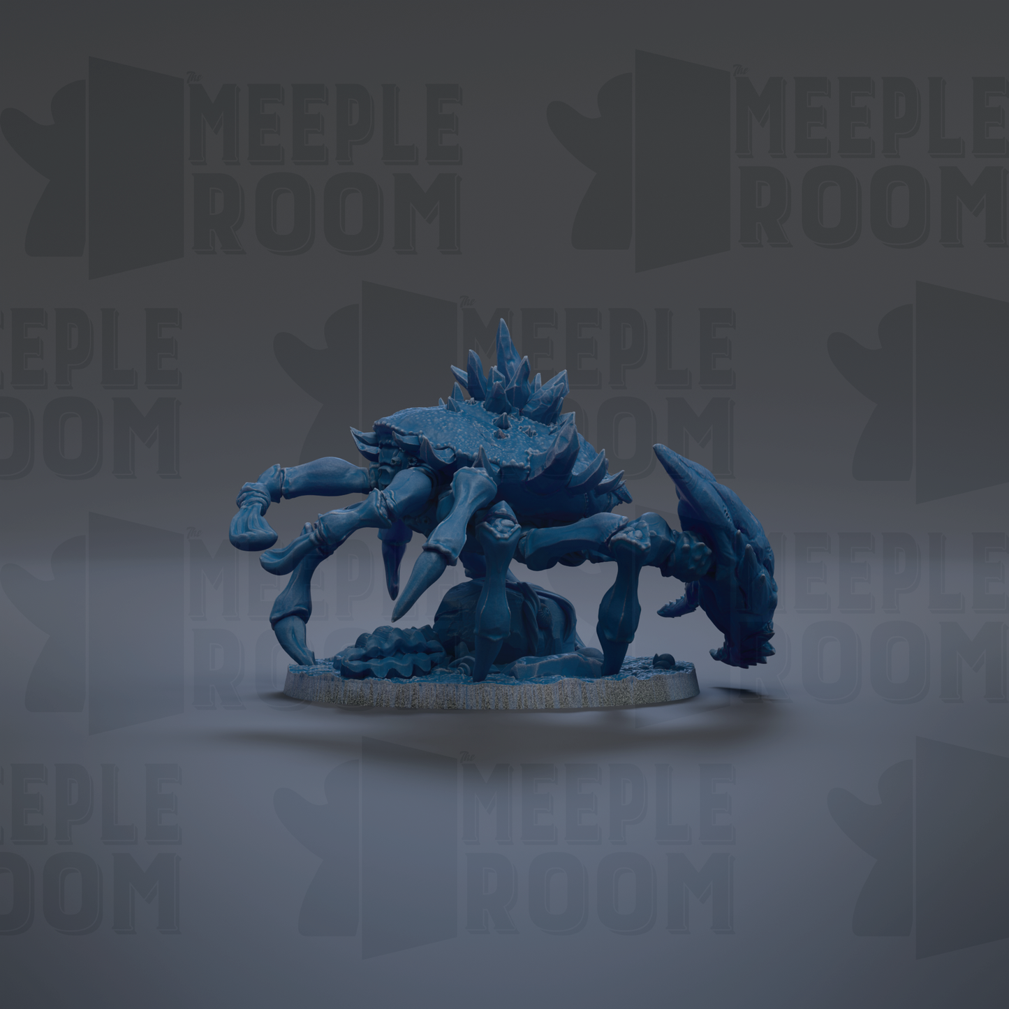 A blue, 3D-rendered creature resembling a spider or crab is displayed against a dark background with repeated text.