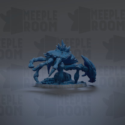 A blue, 3D-rendered creature resembling a spider or crab is displayed against a dark background with repeated text.