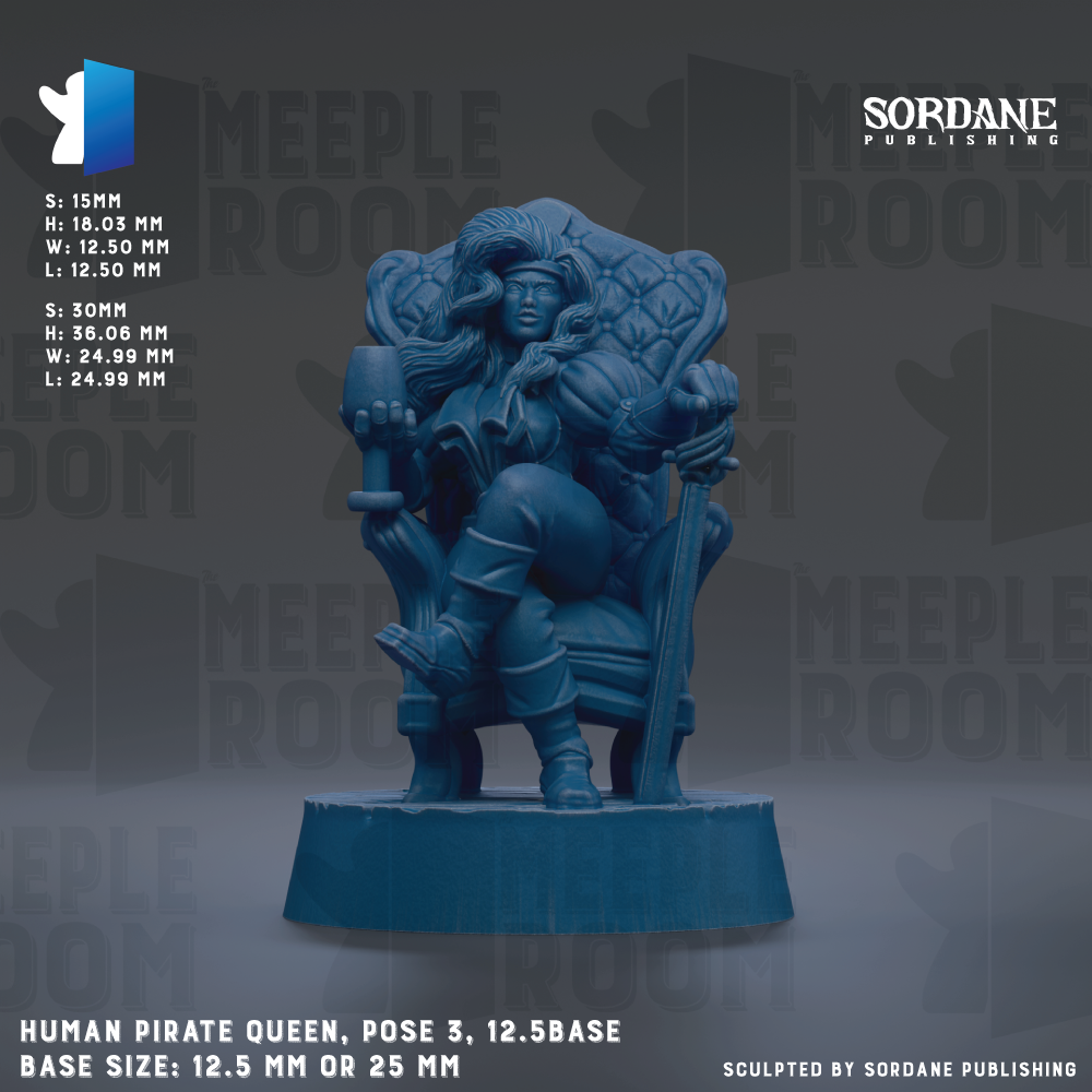 The image is a 3D rendering of a statue of a woman in a regal pose, sitting on a throne-like chair. The statue is blue in color and appears to be made of a material that resembles stone or metal. The statue is positioned on a base that is also blue, matching the color of the statue. The base size of the statue is either 12.5 mm or 25 mm. The image is a 3D rendering of a human pirate queen pose, and it is published by Sordane Publishing.