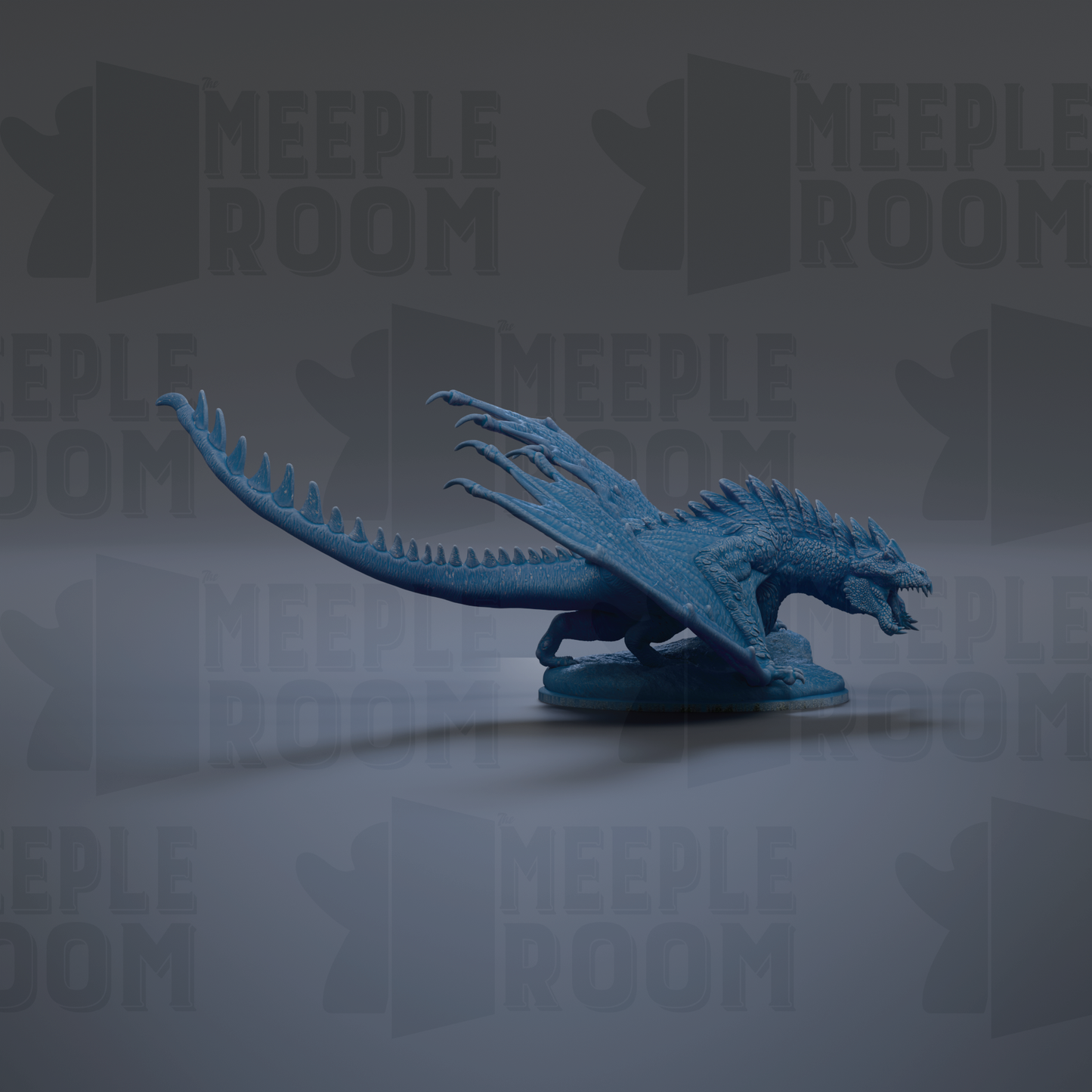 A blue dragon figurine is shown against a dark background with repeated text.