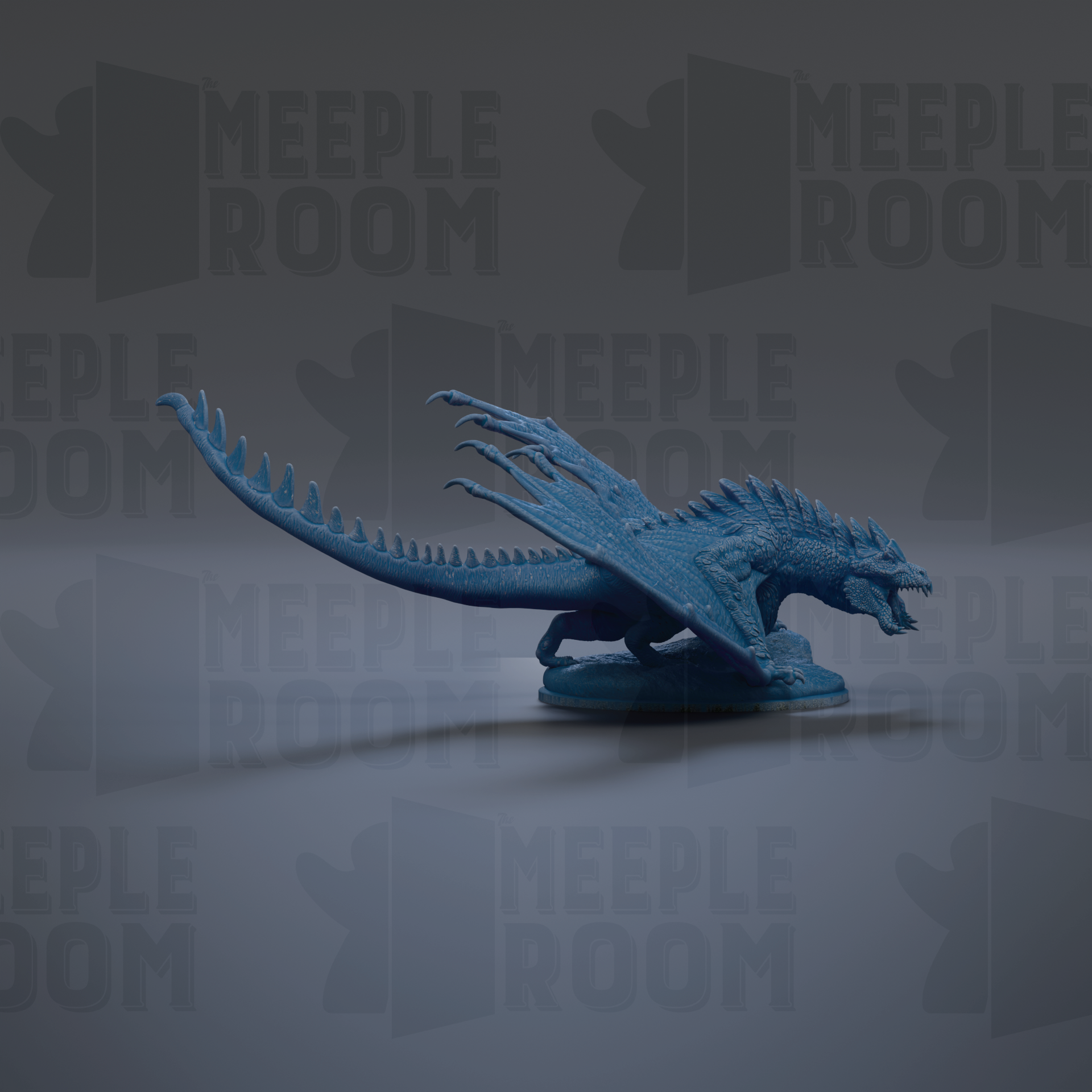 A blue dragon figurine is shown against a dark background with repeated text.