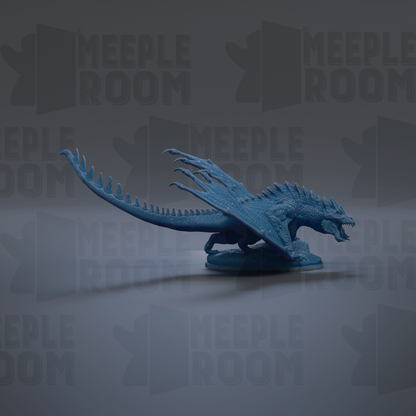 A blue dragon figurine is shown against a dark background with repeated text.