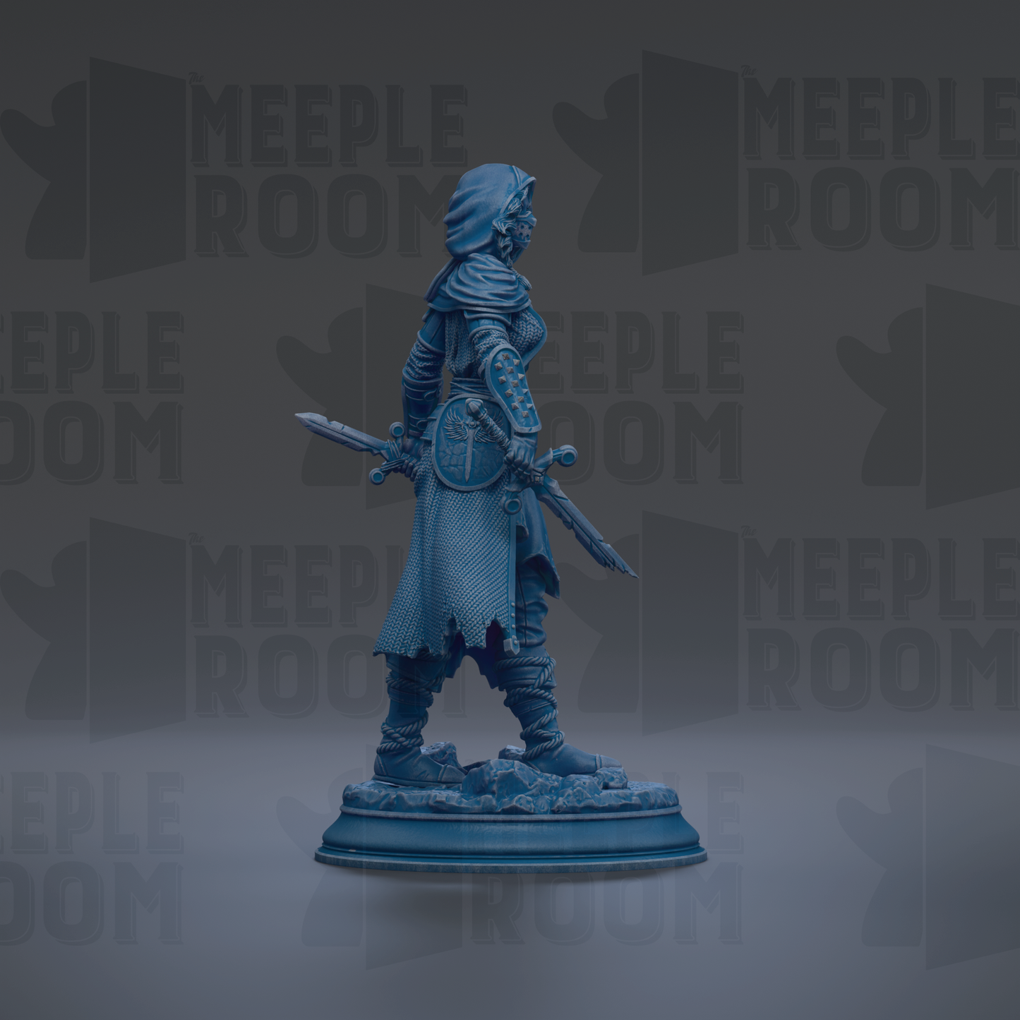 A blue statue of a warrior figure holding a shield and sword, standing on a pedestal against a dark background with repeated "MEIPLLE ROOM" text.