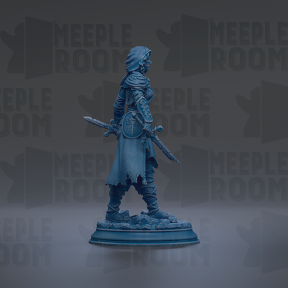 A blue statue of a warrior figure holding a shield and sword, standing on a pedestal against a dark background with repeated "MEIPLLE ROOM" text.