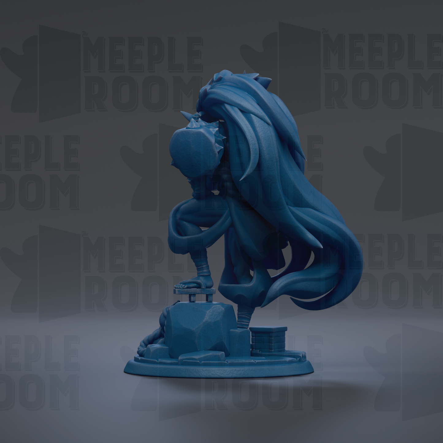 A blue, 3D-rendered statue of a figure with long hair and a flowing cape, standing on a platform with various objects around it.