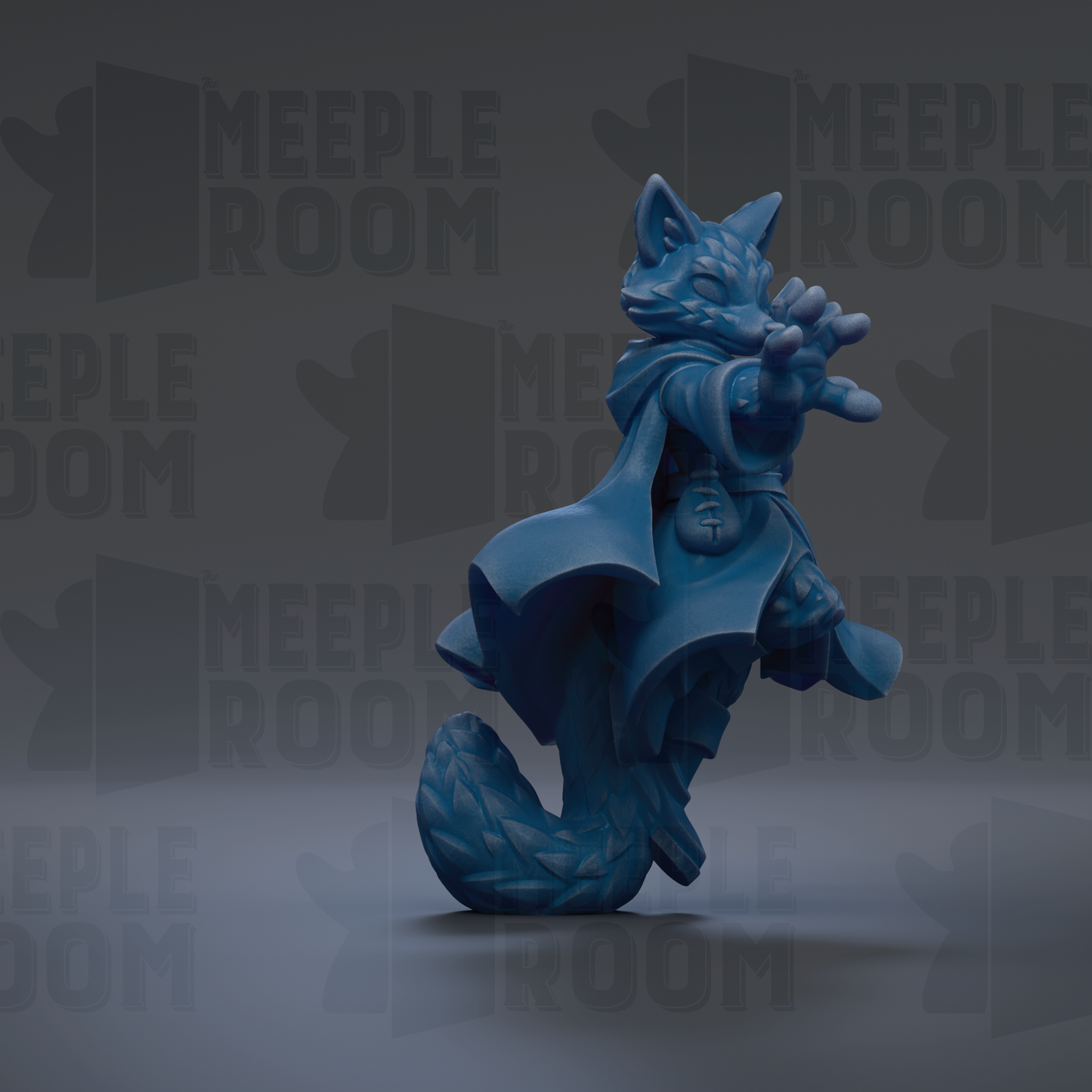 A blue, cartoonish-looking creature with a pointed hat and flowing cape, standing on one leg against a dark background with repeated text.