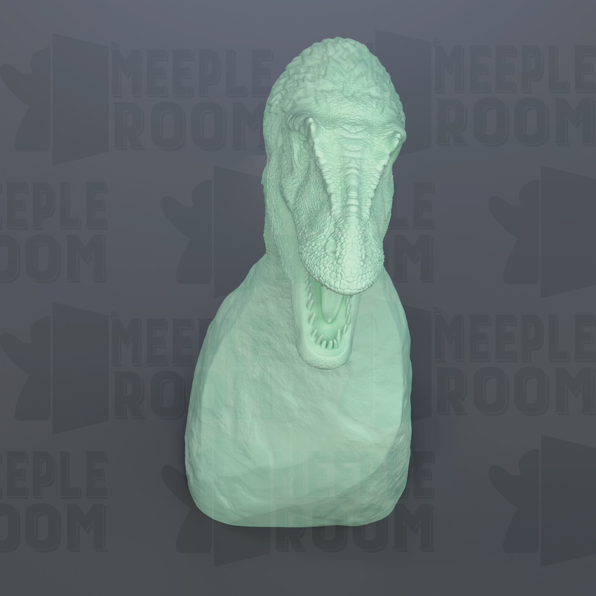 A green dinosaur head sculpture is displayed against a dark background with repeated text.