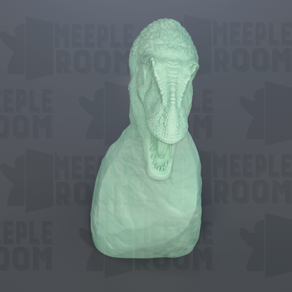 A green dinosaur head sculpture is displayed against a dark background with repeated text.