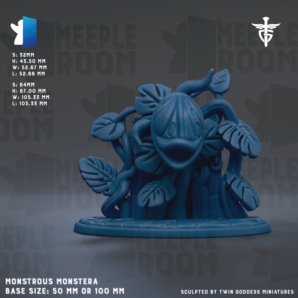 The image is a 3D rendering of a blue monstera plant with leaves and a flower-like structure on top. The monstera is depicted in a playful, cartoonish style. The base size of the monstera is 50 mm or 100 mm. The image is a sculpture by Twin Goddess Miniatures.
