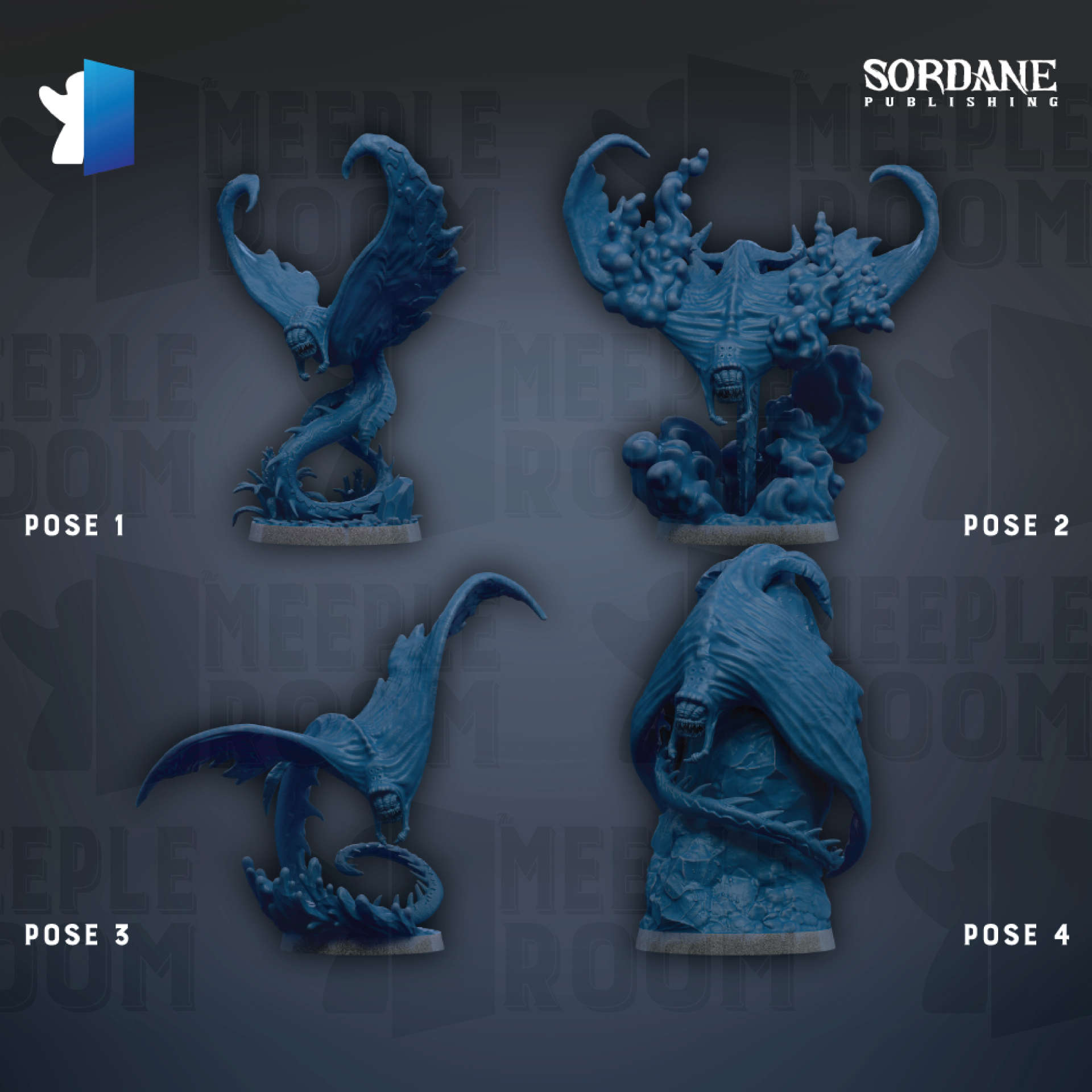 four blue figurines of fantastical creatures, each with unique poses, arranged in a grid-like pattern against a dark background.