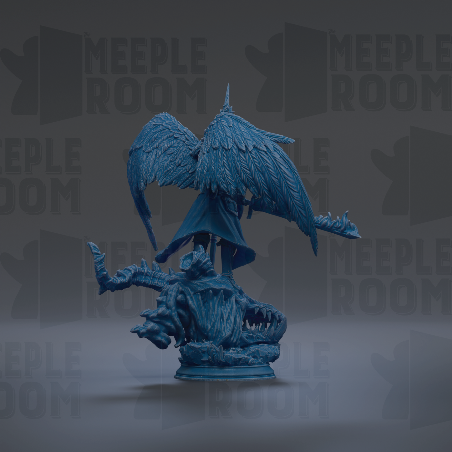 A blue, winged figurine with sharp teeth and claws, standing on a base.