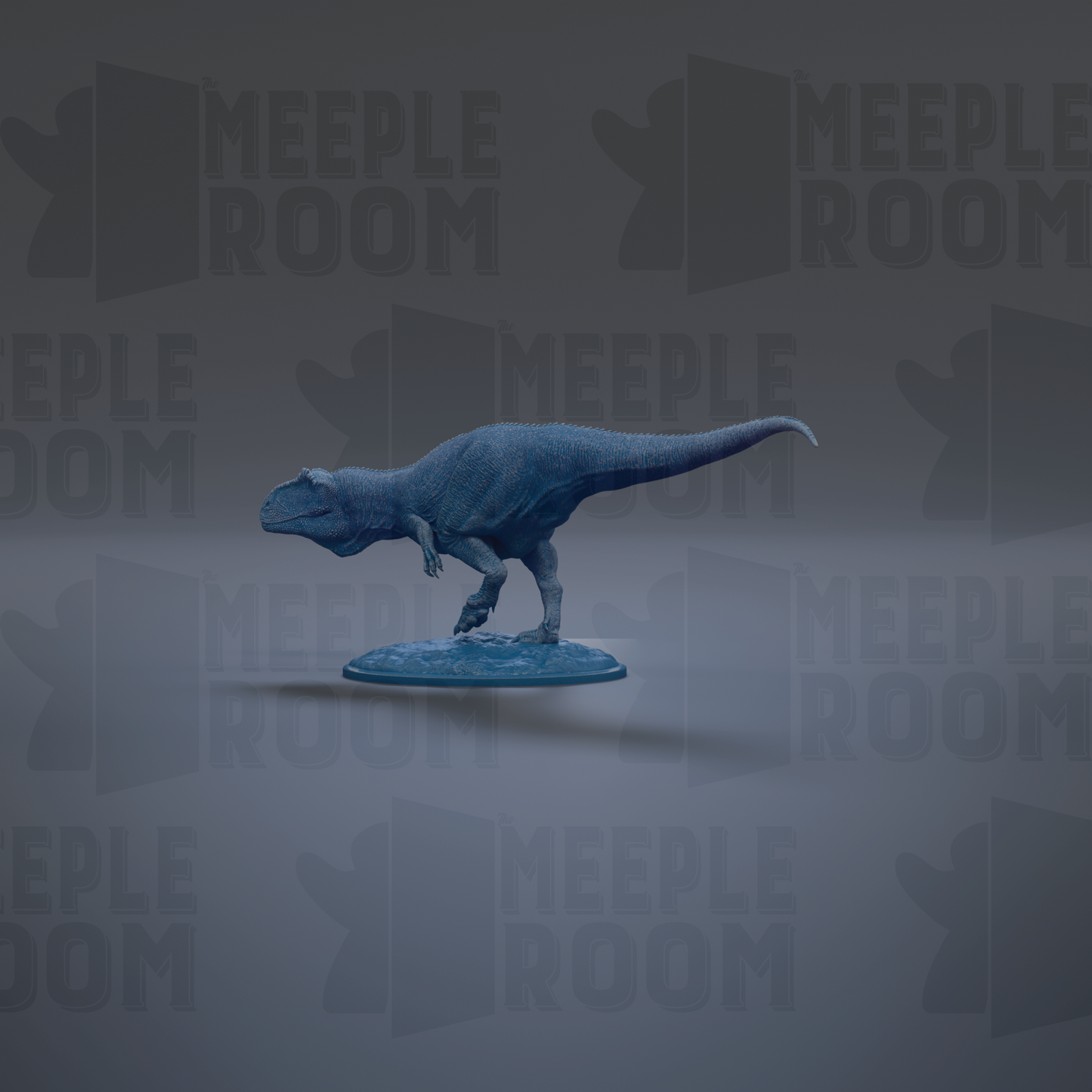 A blue dinosaur figurine is standing on a blue base against a gray background with repeated "MEIPLE ROOM" text.