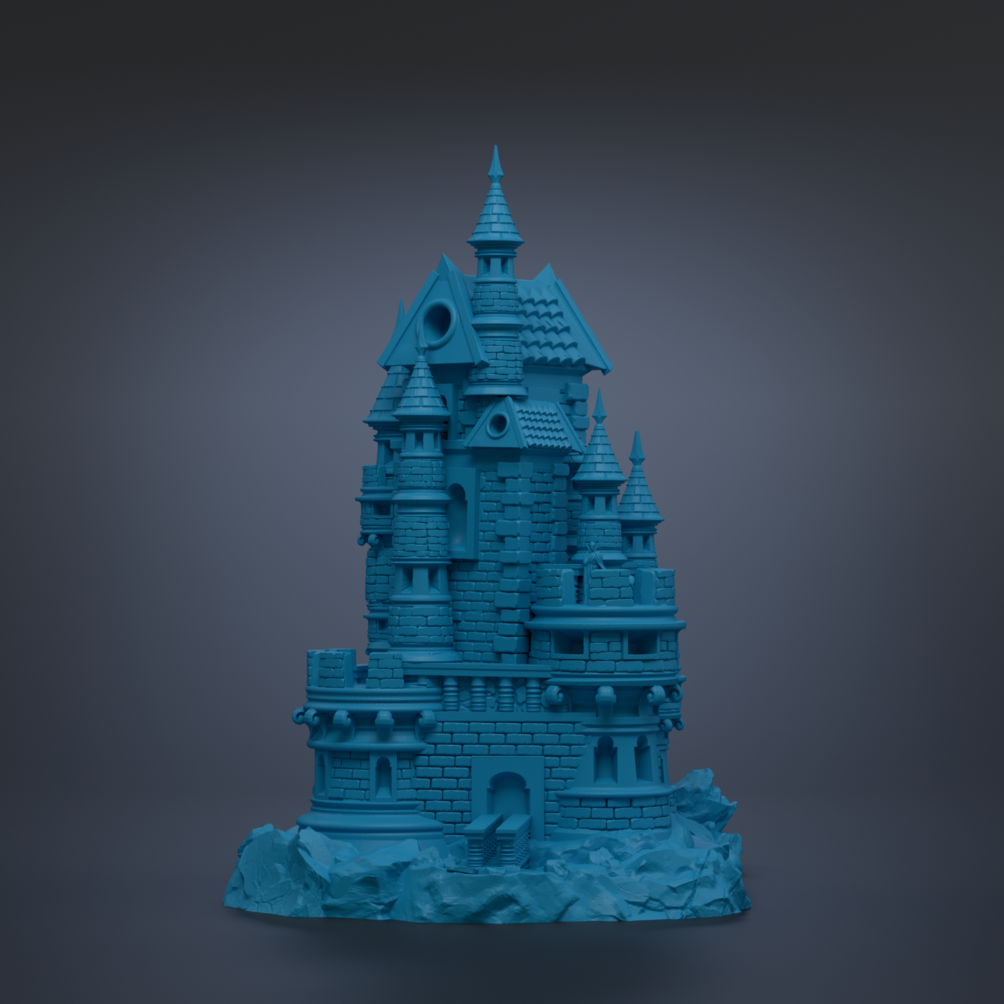 A 3D rendering of a castle-like structure with multiple towers and turrets, set against a dark background.