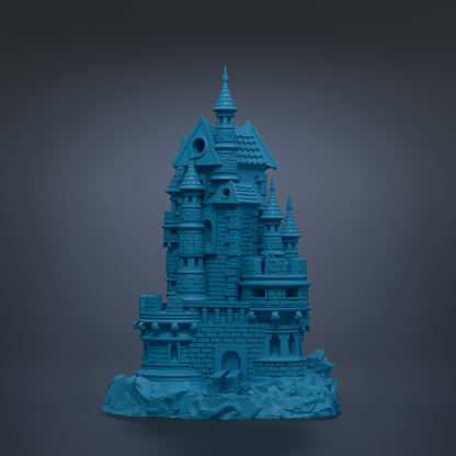 A 3D rendering of a castle-like structure with multiple towers and turrets, set against a dark background.