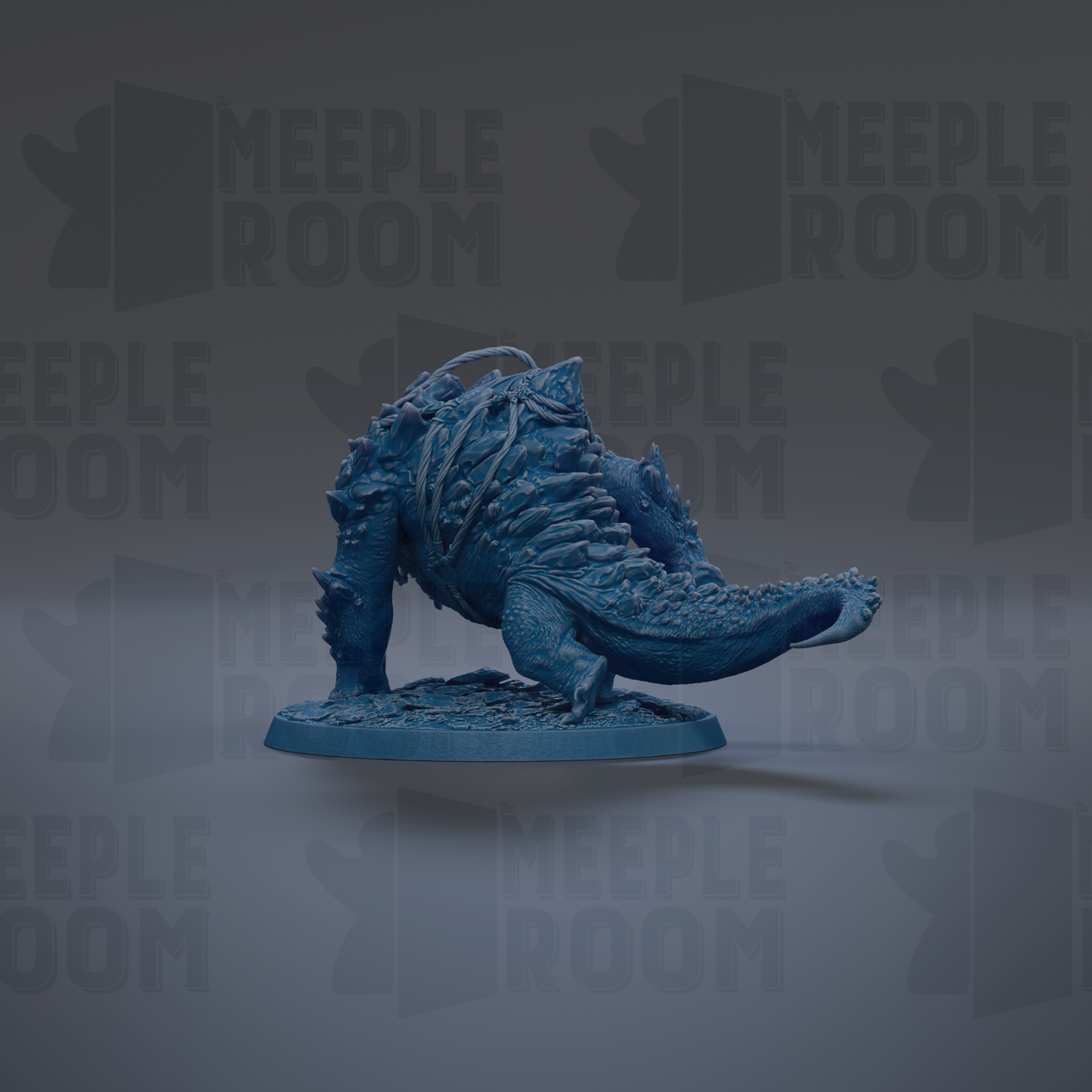 A blue, 3D-rendered dinosaur figurine is shown against a dark background with repeated text.