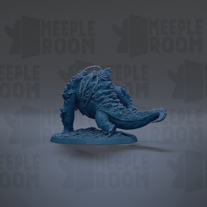 A blue, 3D-rendered dinosaur figurine is shown against a dark background with repeated text.