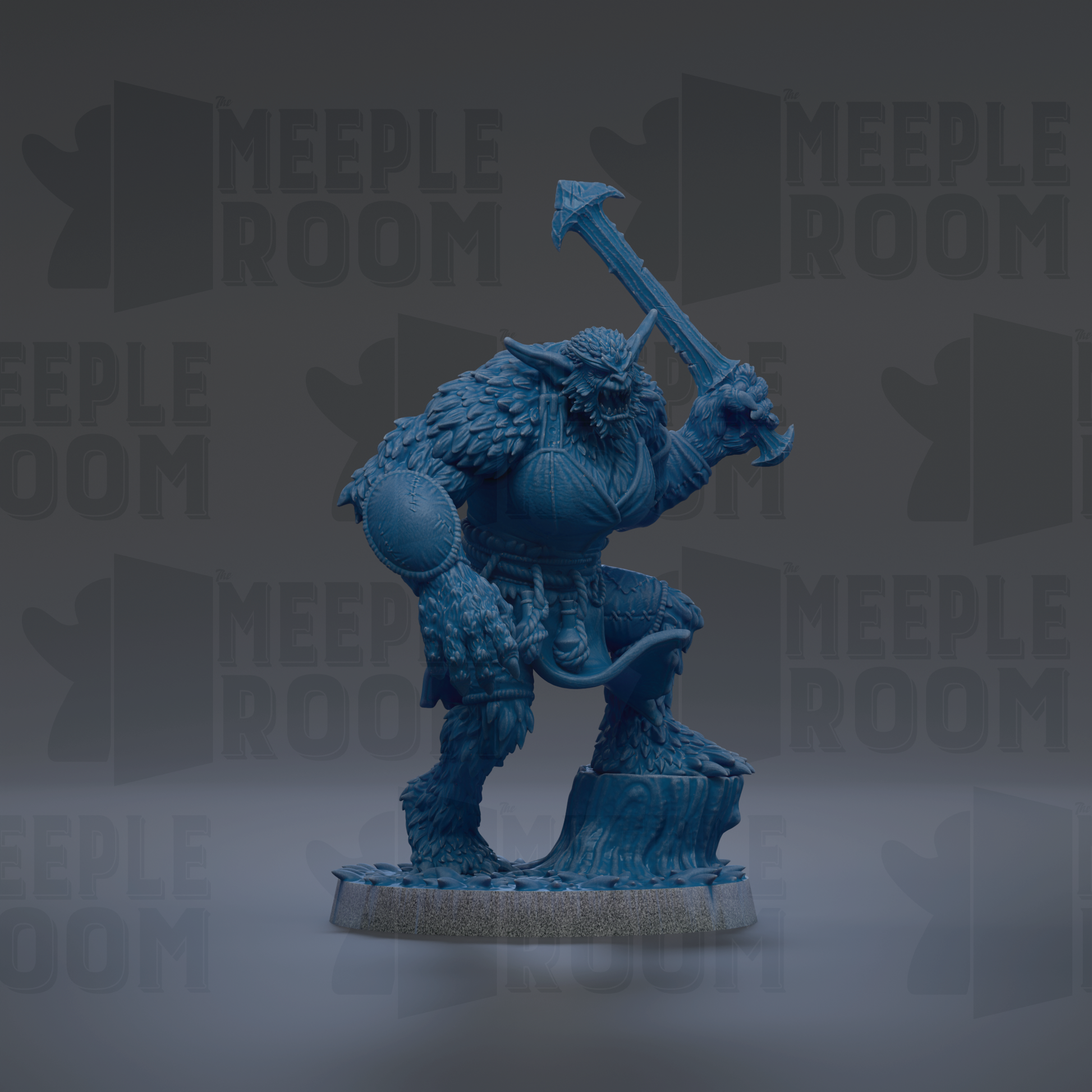 A blue, furry, winged creature holding a large weapon, standing on a rock formation against a dark background with repeated "MEUPLE ROOM" text.