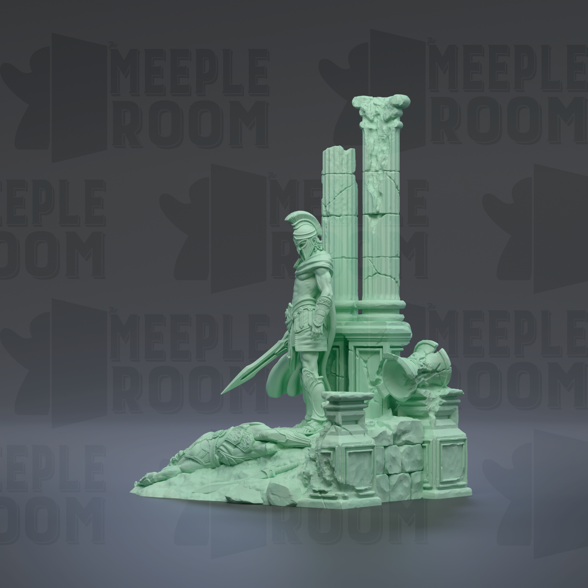 a statue of a warrior standing on a pedestal, holding a sword and shield, with a fallen figure nearby.