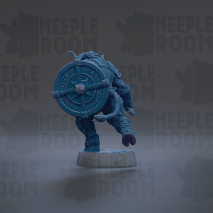 A blue figurine of a warrior standing on a pedestal, with a shield on its back, against a dark background with repeated text.