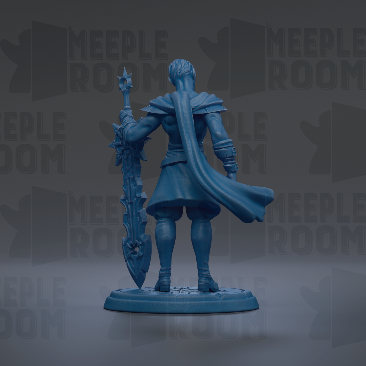 A blue figurine of a warrior standing with a sword and shield, against a dark background with repeated text.