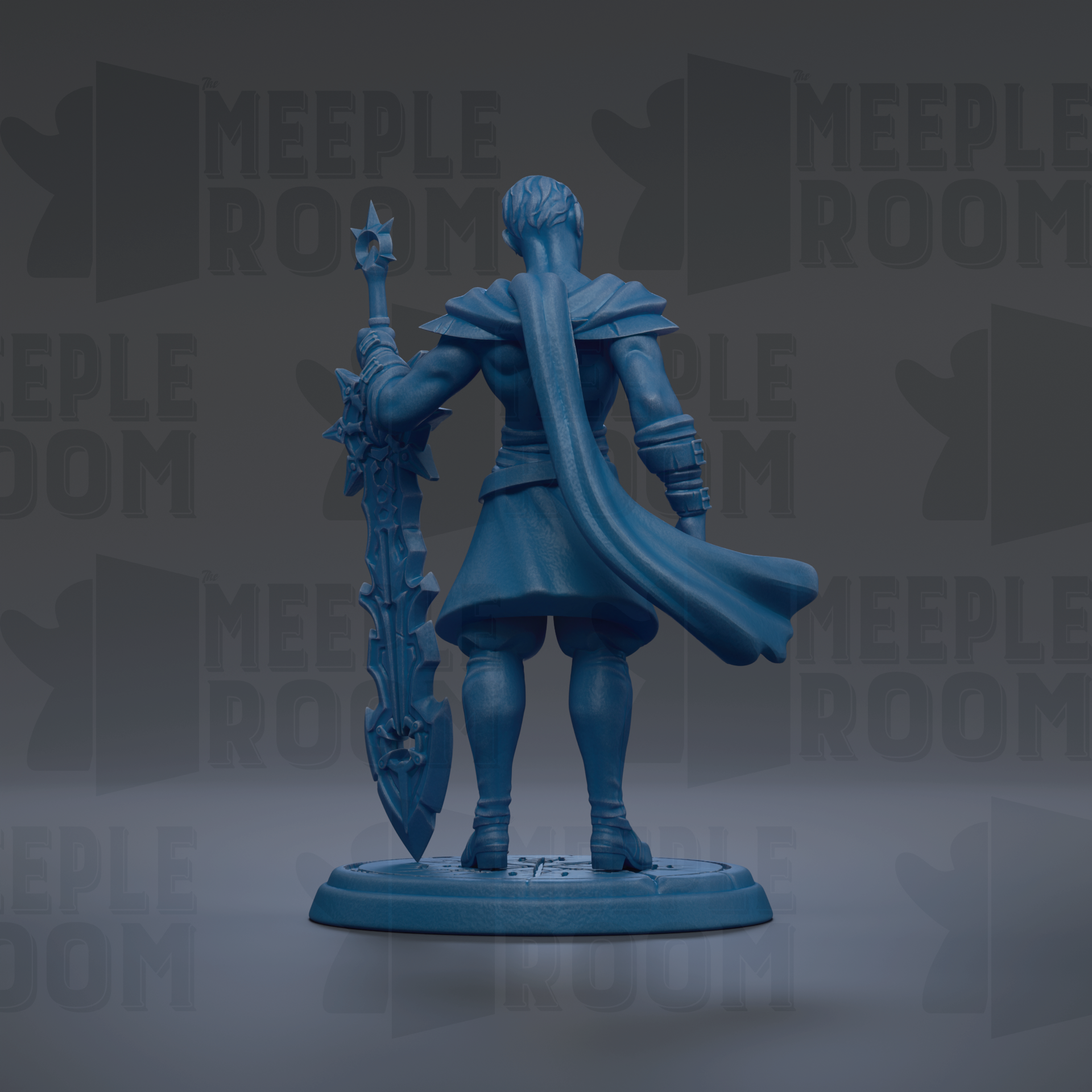 A blue figurine of a warrior standing with a sword and shield, against a dark background with repeated text.