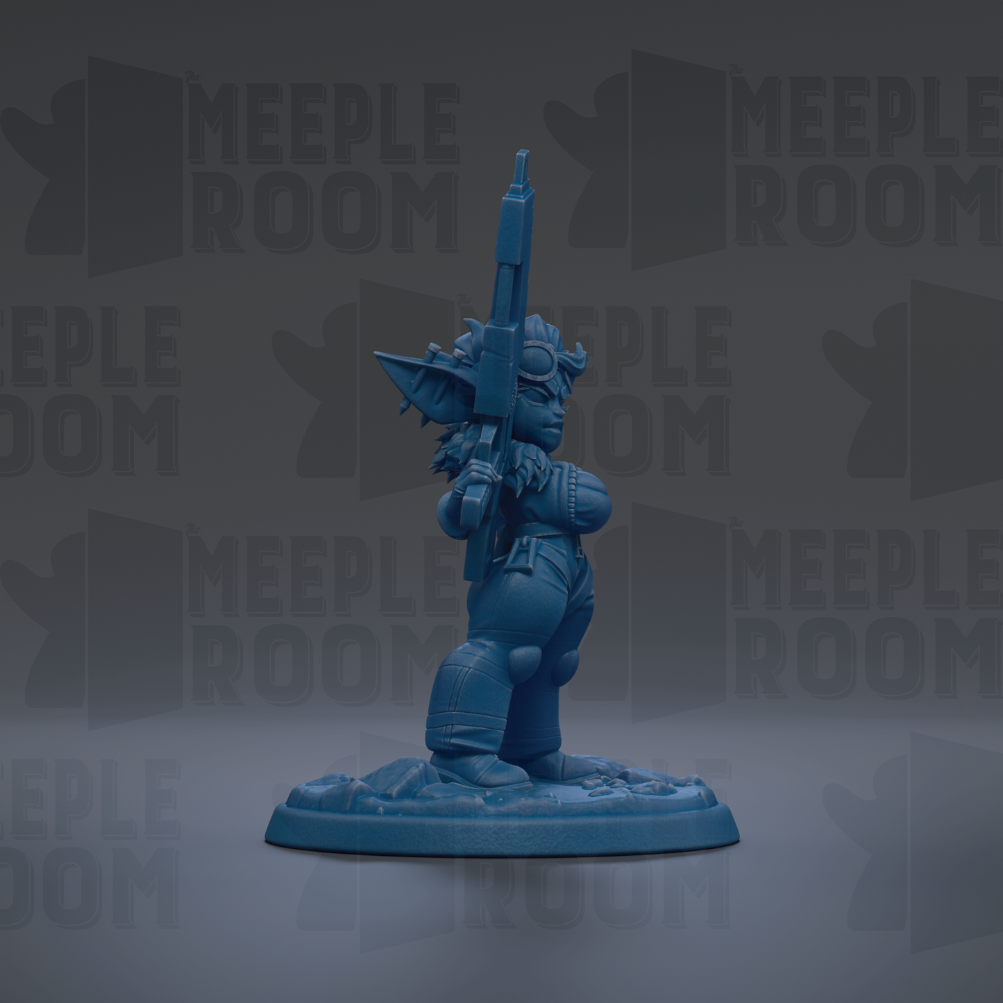A blue figurine of a character holding a gun stands on a base against a dark background with repeated text.
