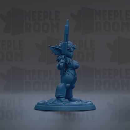 A blue figurine of a character holding a gun stands on a base against a dark background with repeated text.