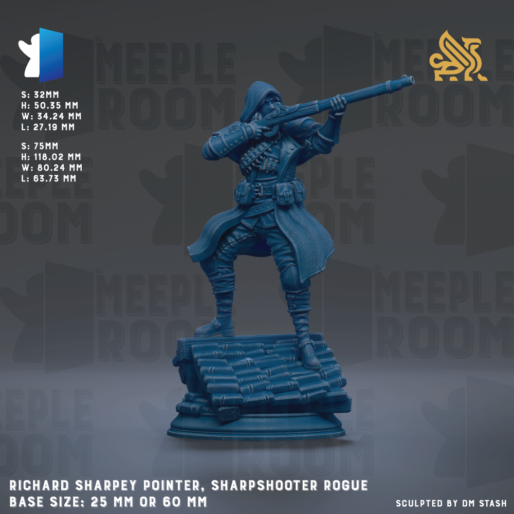 a blue statue of a sharpshooter rifle, with the text "RICHARD SHARPEY POINTER, SHARPSHOOTER ROGUE" and "BASE SIZE: 25MM OR 60MM" indicating the size of the statue.
