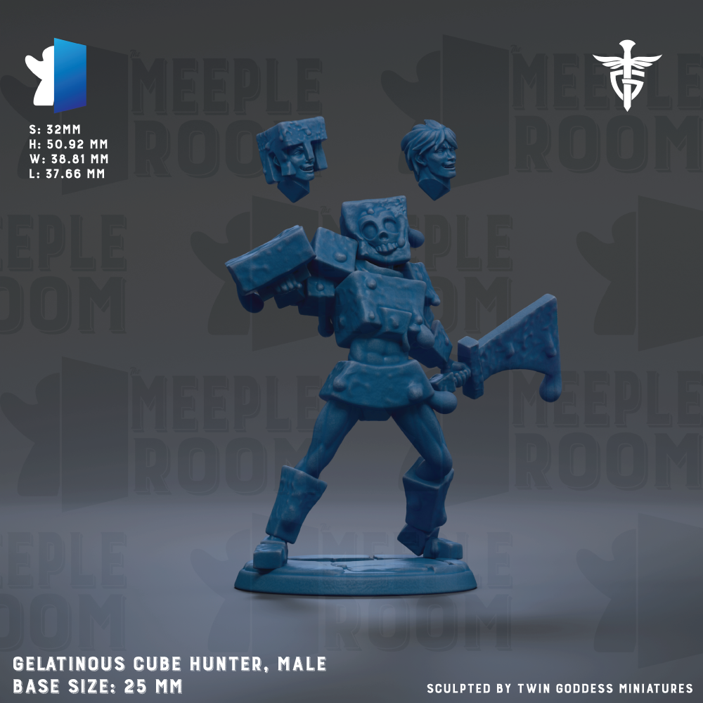 The image is a 3D model of a male cube-like character, specifically a Gelatinous cube Hunter, with a base size of 25mm.