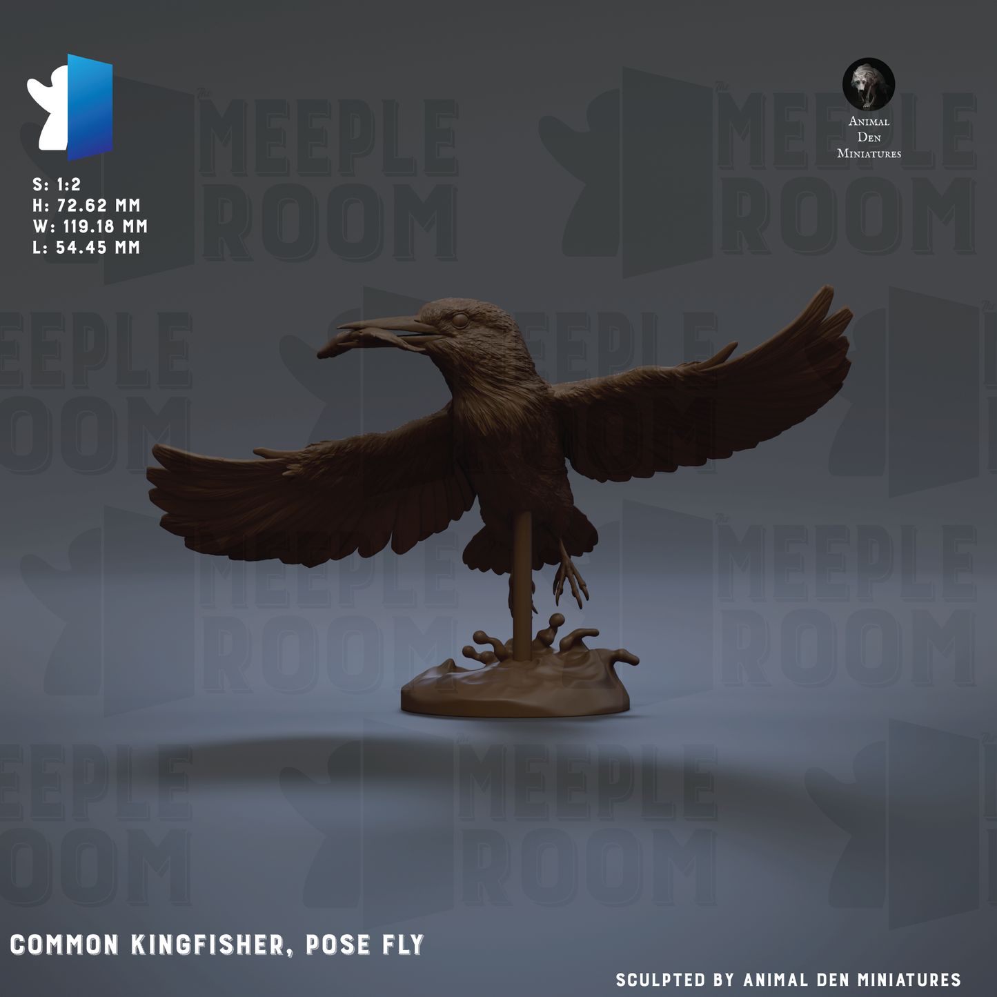 The image is a 3D rendering of a bird statue, specifically a Common Kingfisher, posed in a fly-like position. The statue is made of a dark material and is displayed against a gray background.
