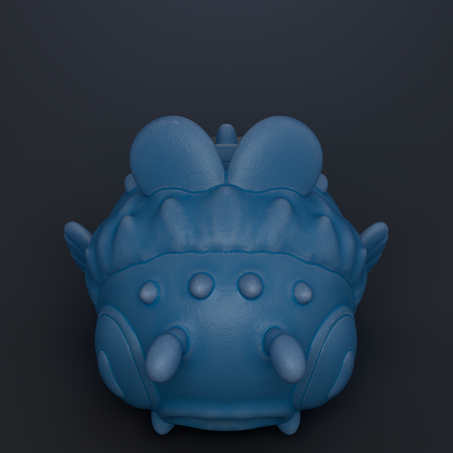 A blue, 3D-rendered toy or figurine with a textured, bumpy surface and a pointed head.