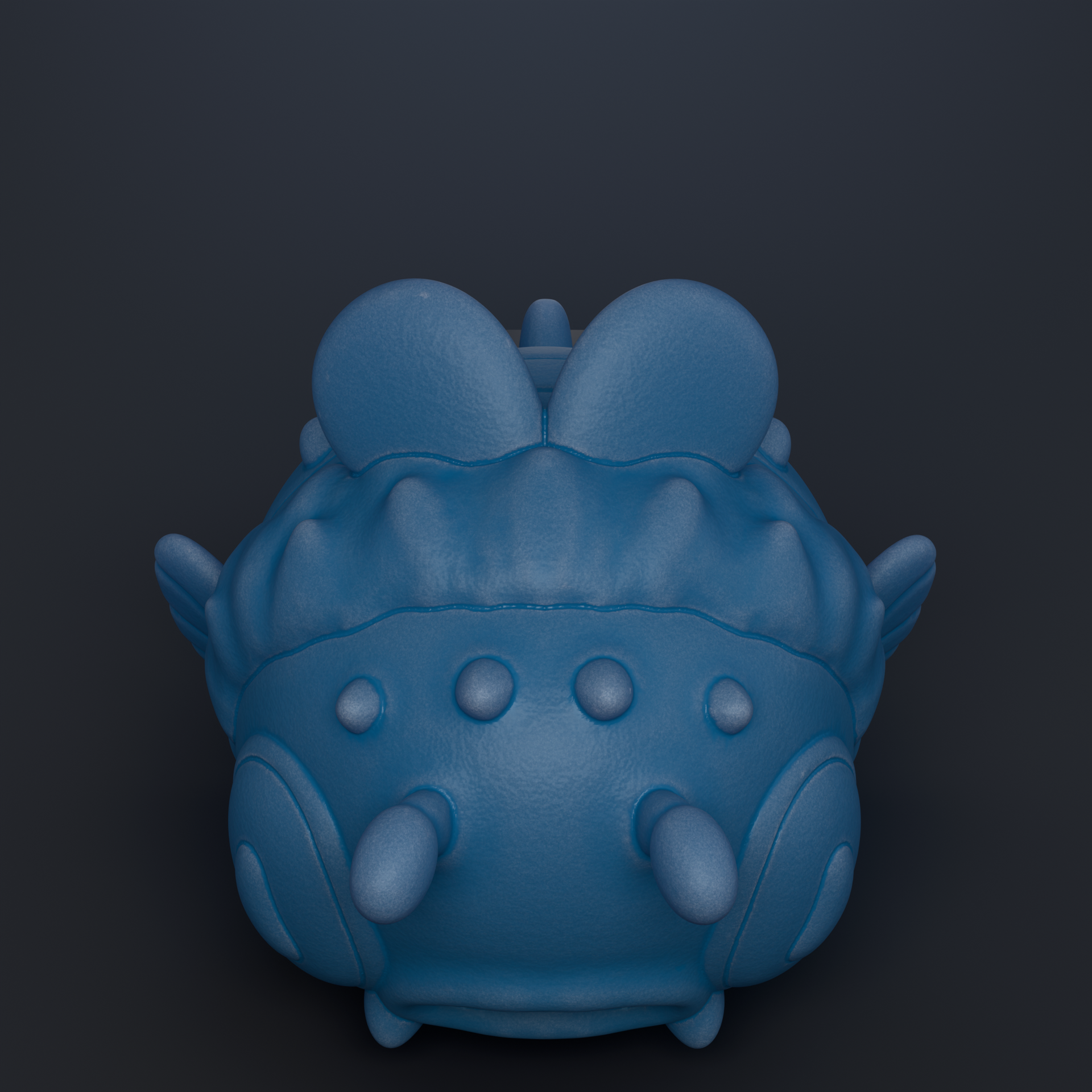 A blue, 3D-rendered toy or figurine with a textured, bumpy surface and a pointed head.