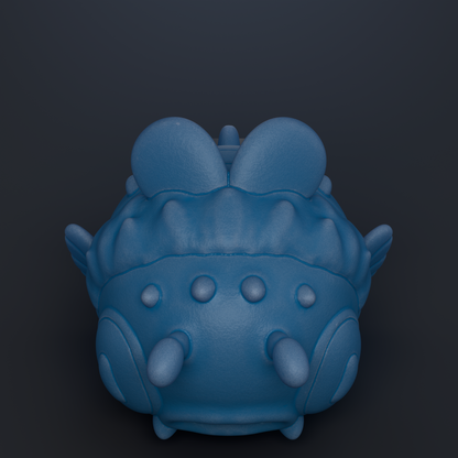 A blue, 3D-rendered toy or figurine with a textured, bumpy surface and a pointed head.