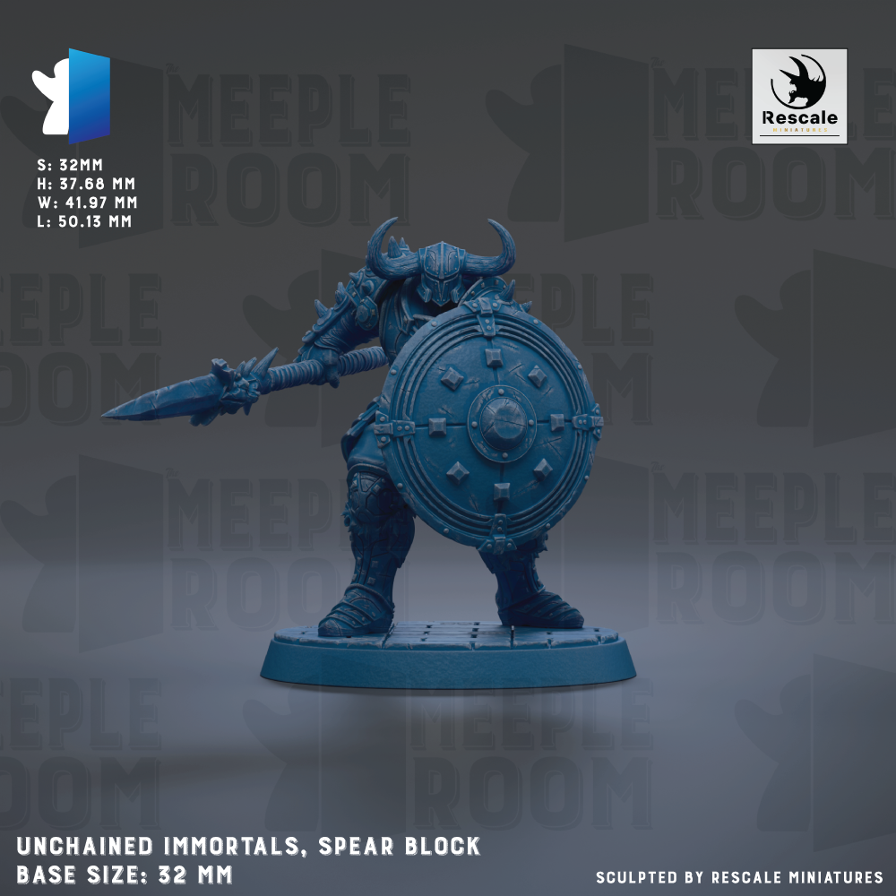 a blue figurine of a warrior wielding a spear and shield, standing on a base. The figurine is described as an "Unchained Immortals, Spear Block" and is a "Base Size: 32mm". The image is a collage of multiple images, and it is described as being "Sculpted by Rescue Miniatures".