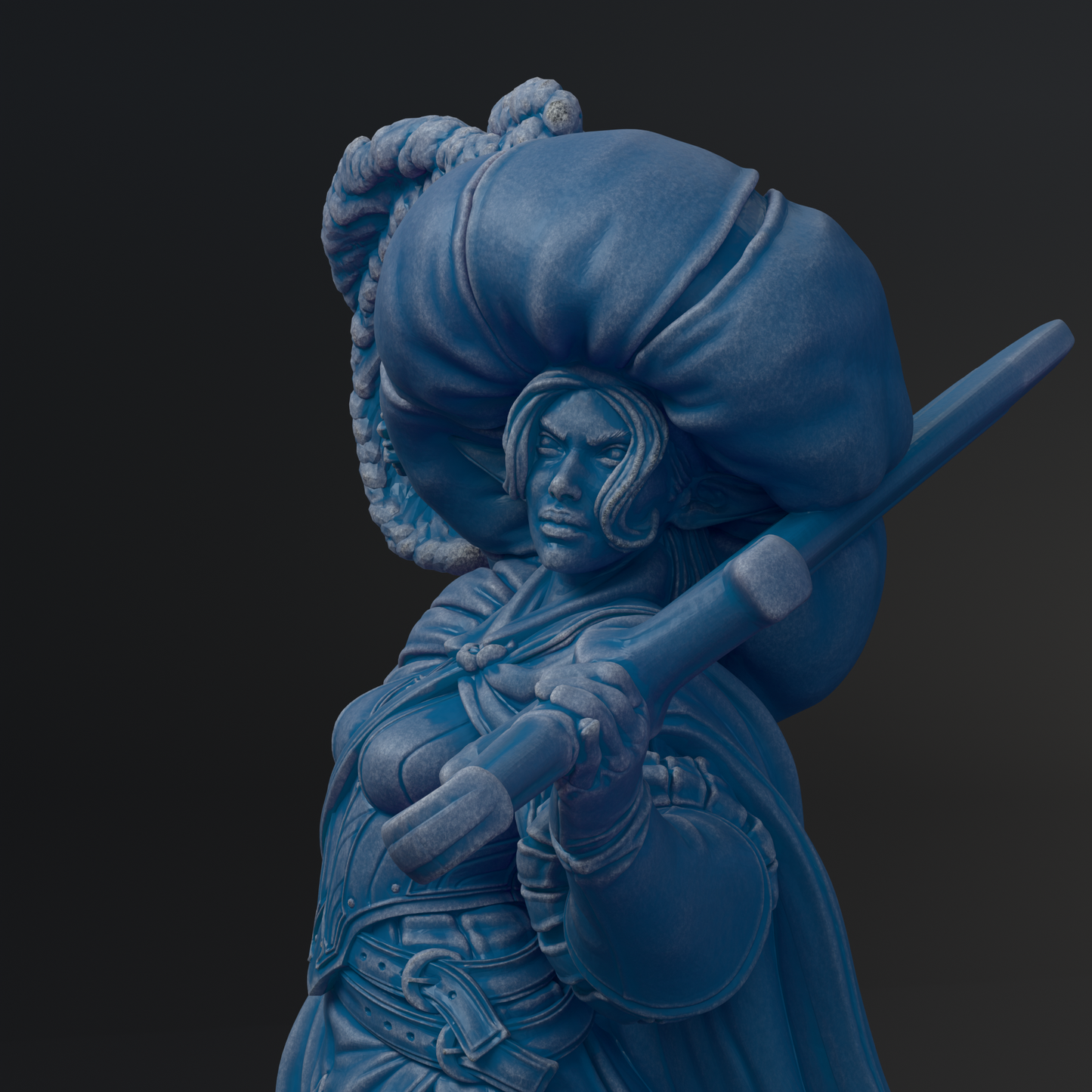 A blue statue of a person holding a large bag and a sword.